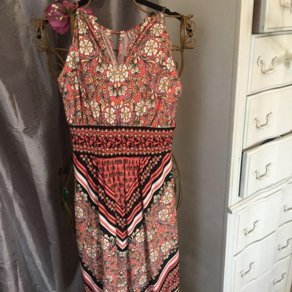 BOHO  Maxi dress black & coral Hippie Chic Stretch